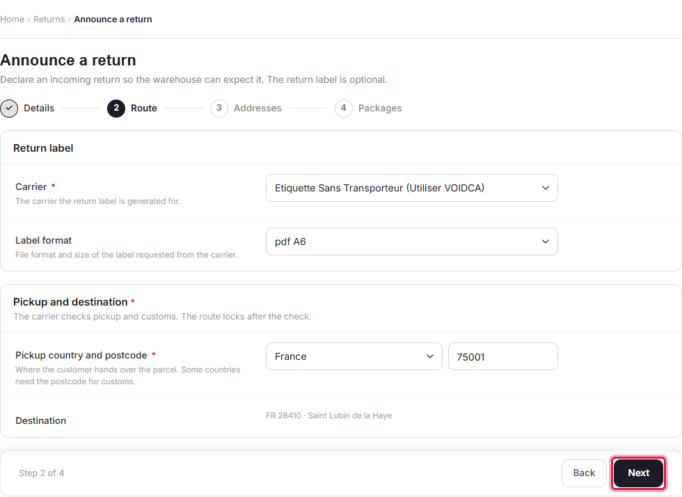 The new Route step in the Announce a return wizard, where the carrier and pickup details are checked before you continue