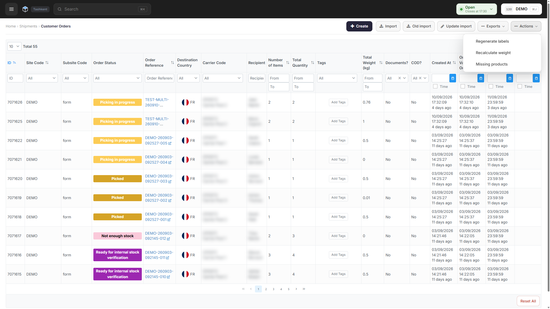 The Actions menu on the Sales Orders page, listing Regenerate labels, Recalculate weight and Missing products