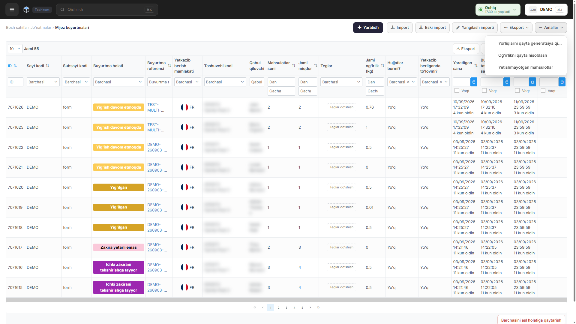 The Actions menu on the Sales Orders page, listing Regenerate labels, Recalculate weight and Missing products